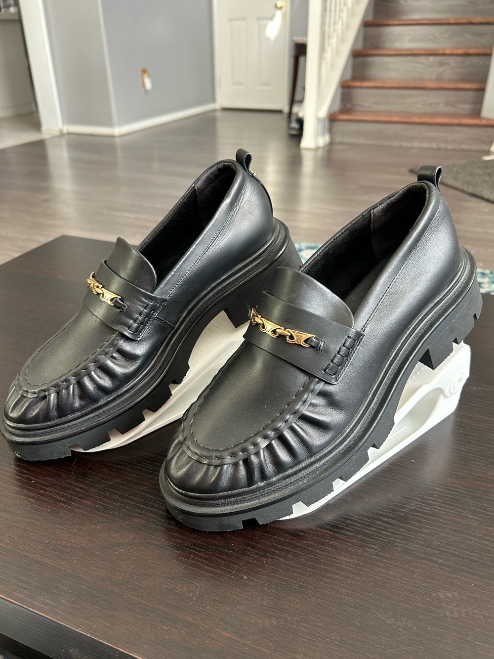 Circus by Sam Edelman Pierre Black Leather Lug-Sole Loafers with Gold Hardware